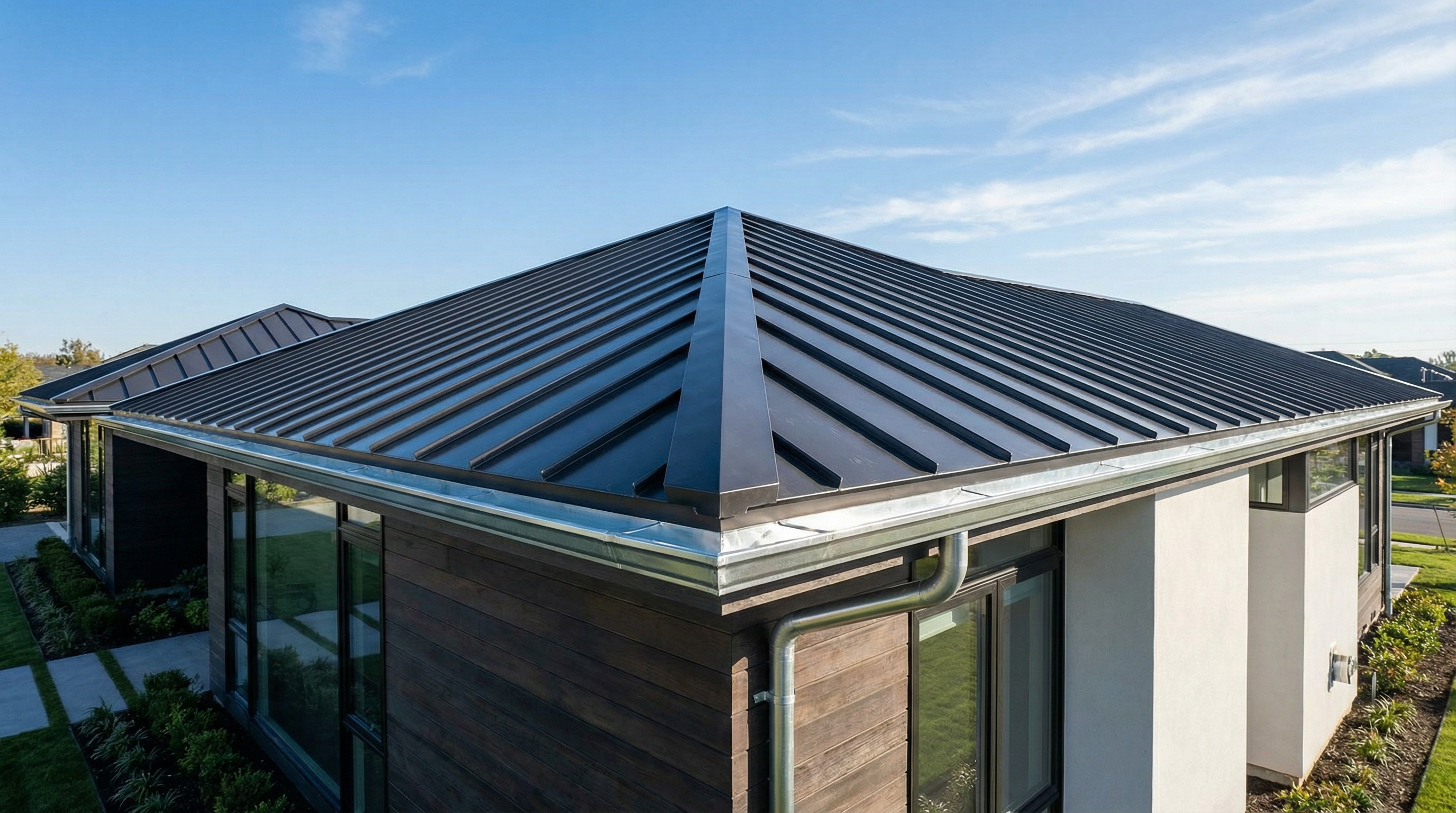 Telhado residencial moderno com instalação de calhas e rufos metálicos de alta durabilidade